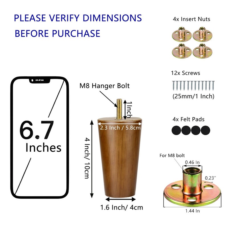Maricome 4 Inch Wood Furniture Legs Predrilled M8 Bolt Replacement Feet for Cabinet Couch Chair Sofa Ottoman Set of 4 Mid Century - Image 2